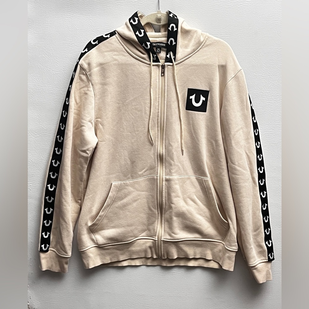 True Religion Cream Full Zip Hoodie with Black Taping Logo Details XL